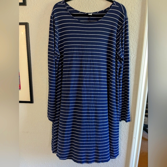 Old Navy Long Sleeve A-Line Dress Knit Navy White Stripes Boat Neck XXL Tall - Picture 1 of 6